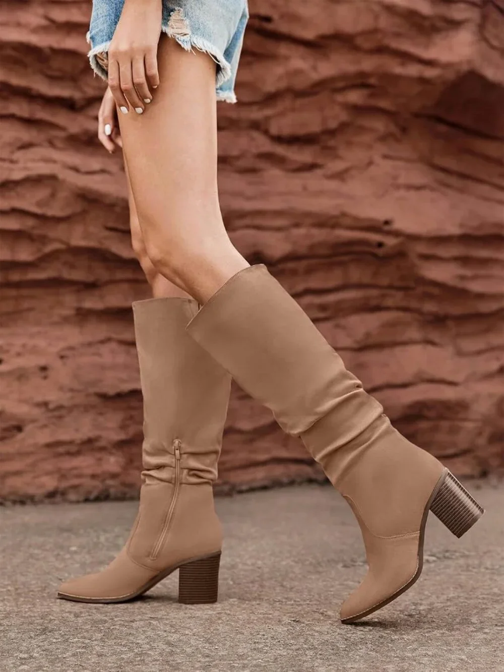 Women's Khaki Pointed Toe Mid Chunky Heel Side Zipper Over The Knee Boots